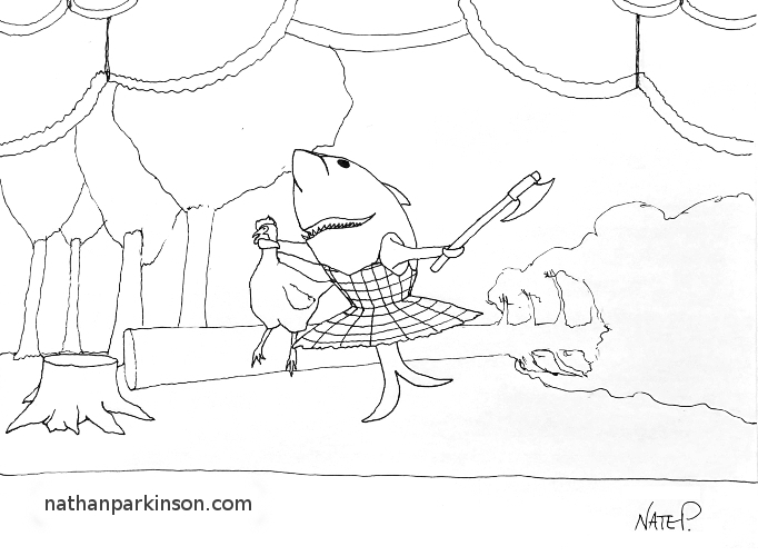 An opera-singing, great white shark ballerina dances across the stage while playing the role of a lumberjack butcher.