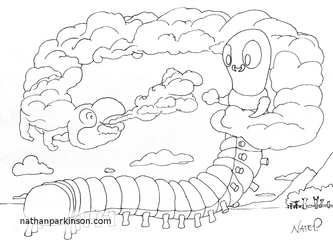 A caterpillar sculpts himself a cloud-breathing friend from the clouds.