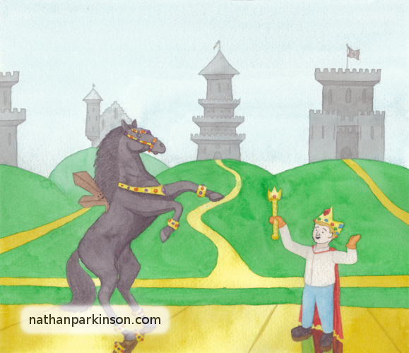 Boy king stands next to a black, jeweled horse with 4 unique castles in the background